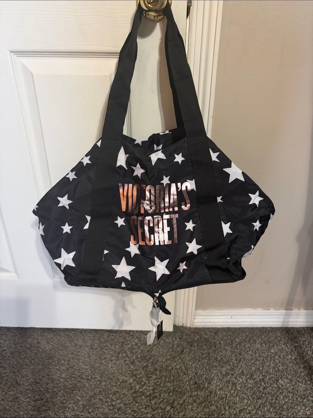 Victoria's Secret Black Tote with White Star Print and Rose Gold Logo